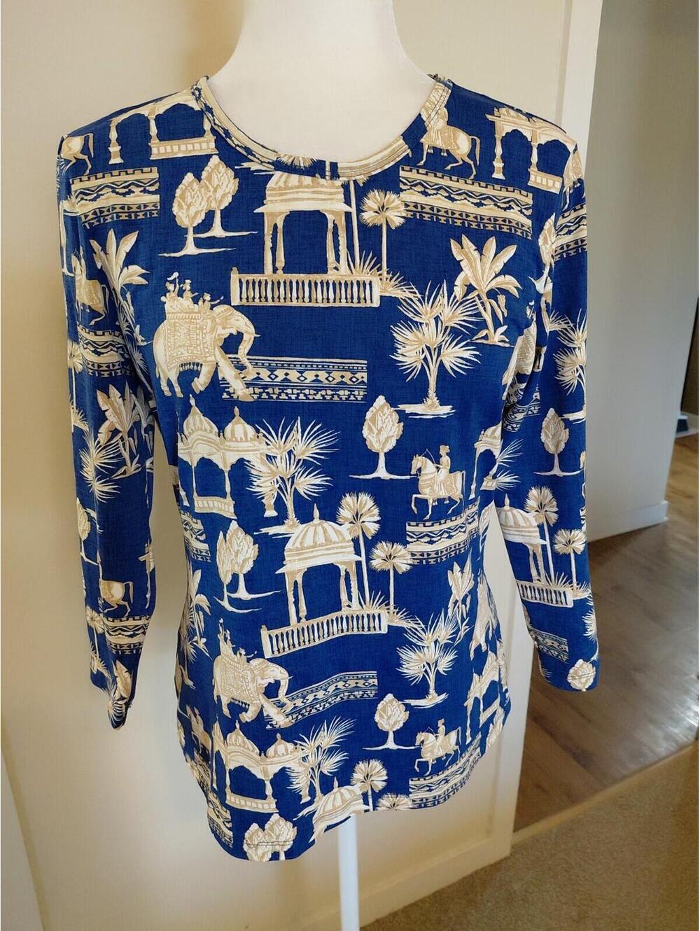 J. McLaughlin Top Multicolor Sz M EUC Orient Elephants Themed